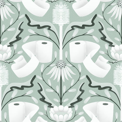 Patterned design with toilet paper rolls and floral elements on a light green background