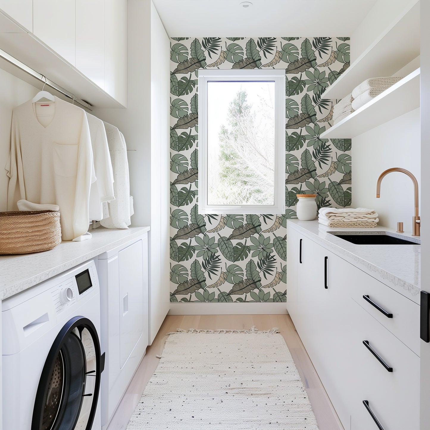 Hand Drawn Tropical Leaves peel and stick wallpaper room mockup
