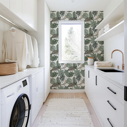 Hand Drawn Tropical Leaves peel and stick wallpaper room mockup
