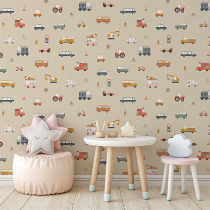 Vehicles (Small Scale) Peel and Stick Wallpaper - Vehicles, Kids, Nursery