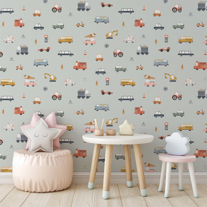 Vehicles (Small Scale) Peel and Stick Wallpaper - Vehicles, Kids, Nursery