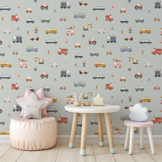 Vehicles (Small Scale) Peel and Stick Wallpaper - Vehicles, Kids, Nursery