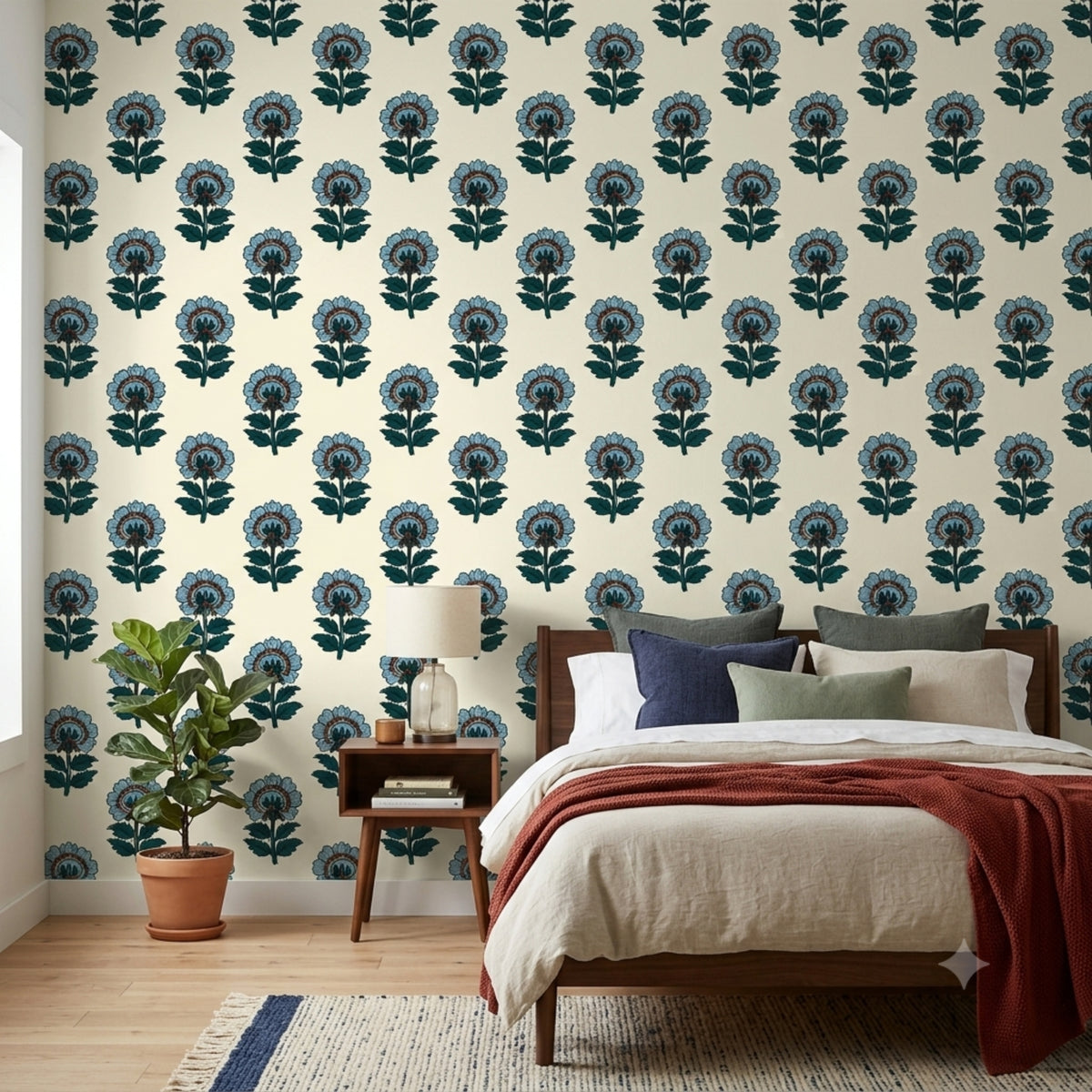 Blue Vintage Botanical Floral peel and stick wallpaper styled in a bedroom