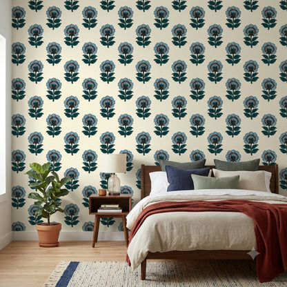 Blue Vintage Botanical Floral peel and stick wallpaper styled in a bedroom