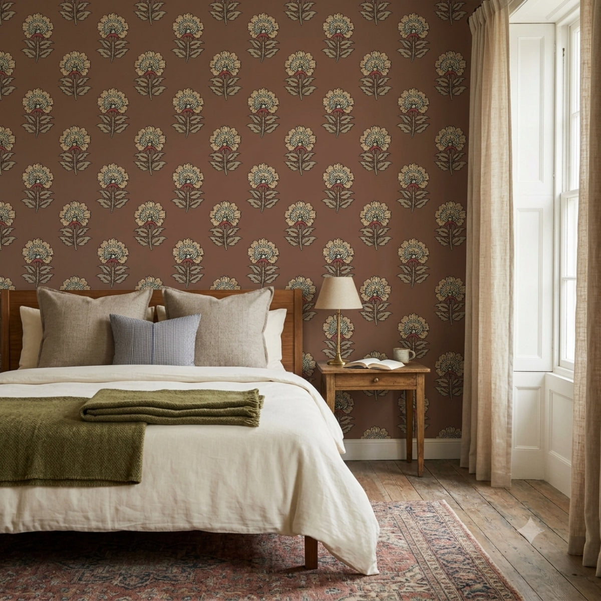 Vintage Botanical Floral peel and stick wallpaper in brown styled in a warm traditional bedroom.
For the brown entryway: