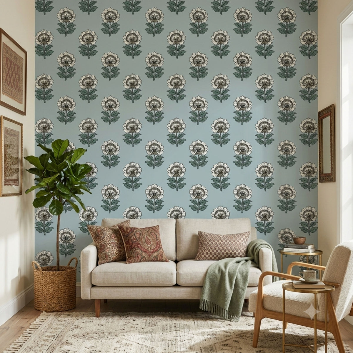 Light blue Vintage Botanical Floral peel and stick wallpaper styled in a bright living room.