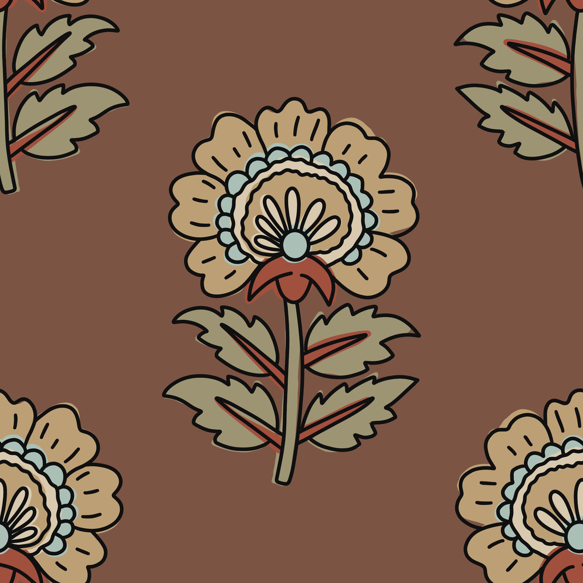 Vintage Botanical Floral wallpaper pattern with stylized flowers and leaves on a warm brown background.
