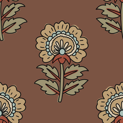 Vintage Botanical Floral wallpaper pattern with stylized flowers and leaves on a warm brown background.