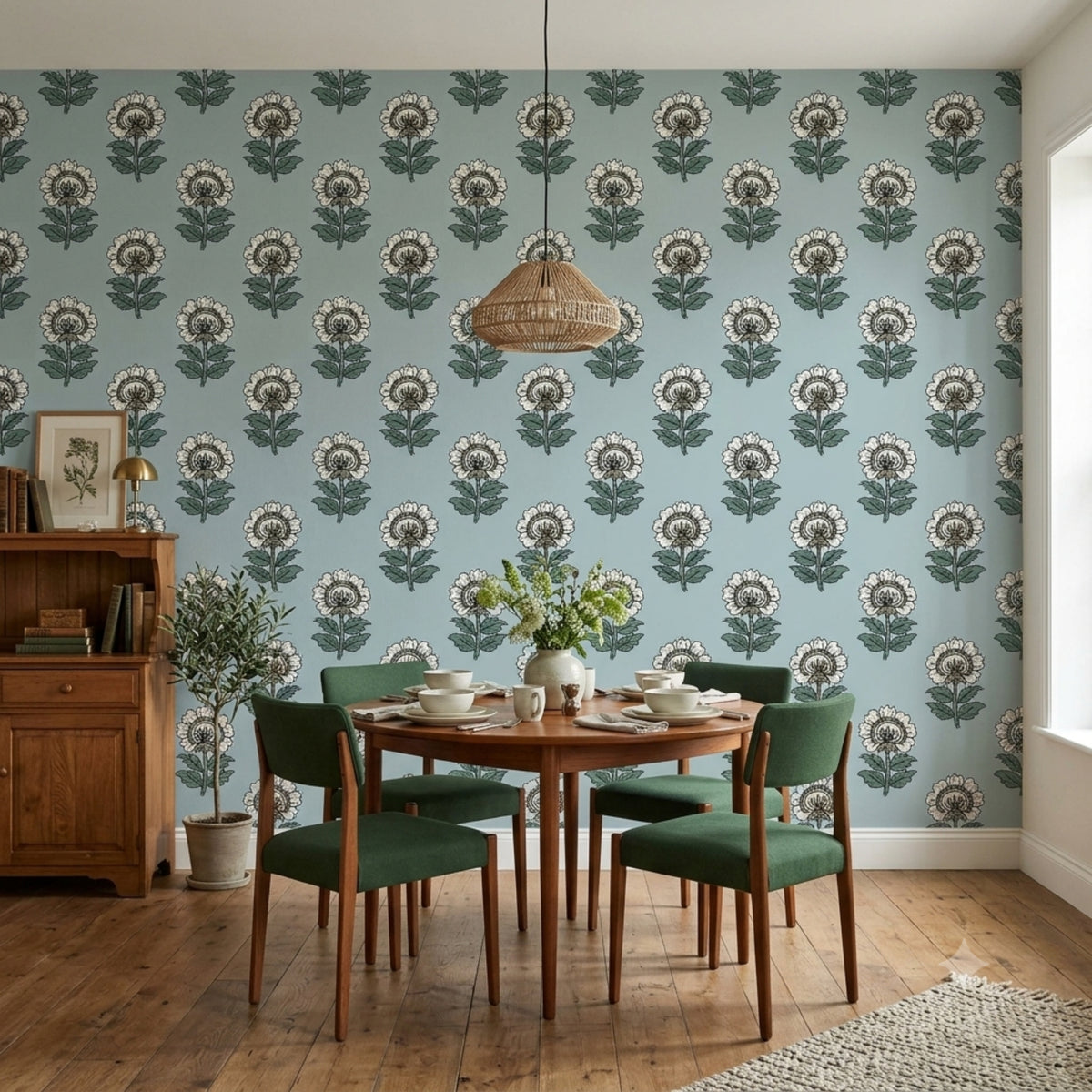 Light blue botanical floral wallpaper with a vintage-inspired repeating flower pattern in a dining room.