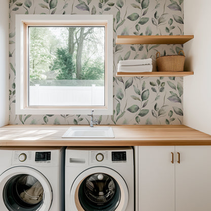 Watercolor Leaves Beige peel and stick wallpaper room mockup
