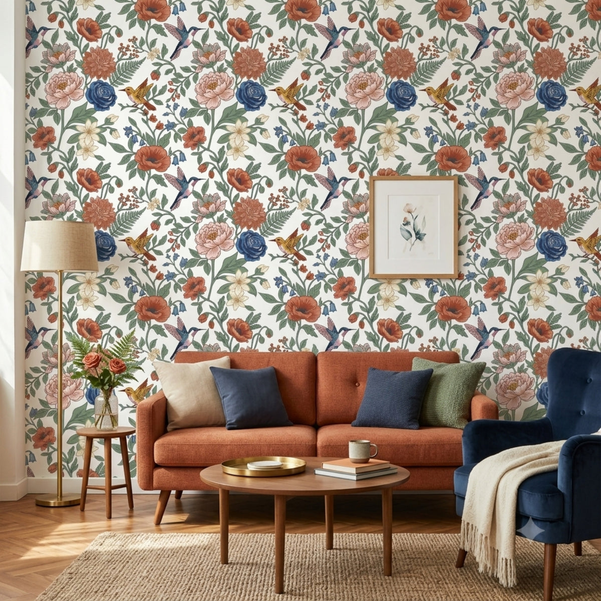 Whimsical Hummingbird Garden peel and stick wallpaper with colorful flowers and hummingbirds styled in a cozy living room
