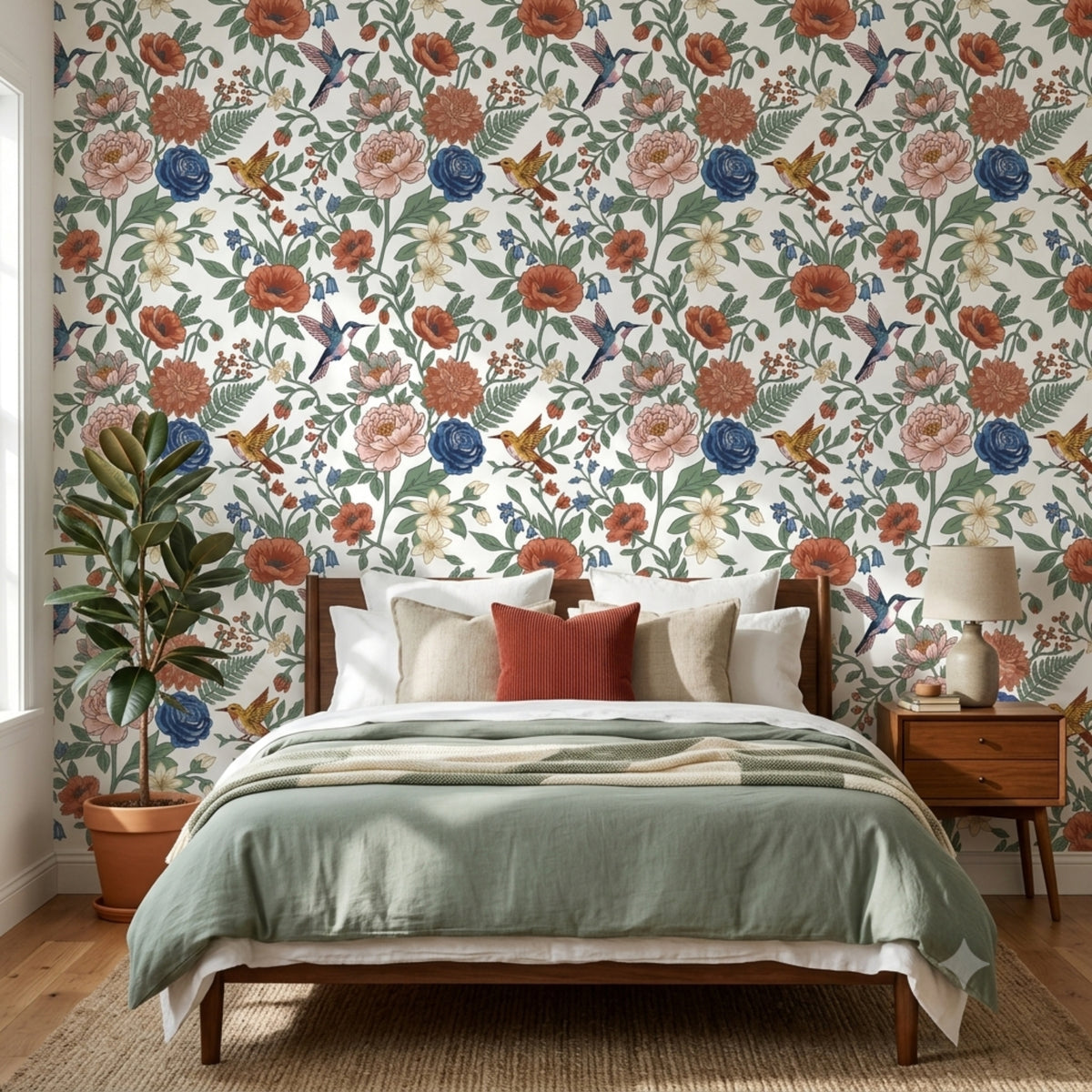 Whimsical Hummingbird Garden peel and stick wallpaper with colorful flowers and hummingbirds styled in a cozy bedroom.