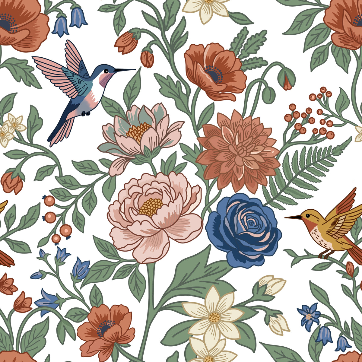 Whimsical Hummingbird Garden pattern with colorful flowers and hummingbirds