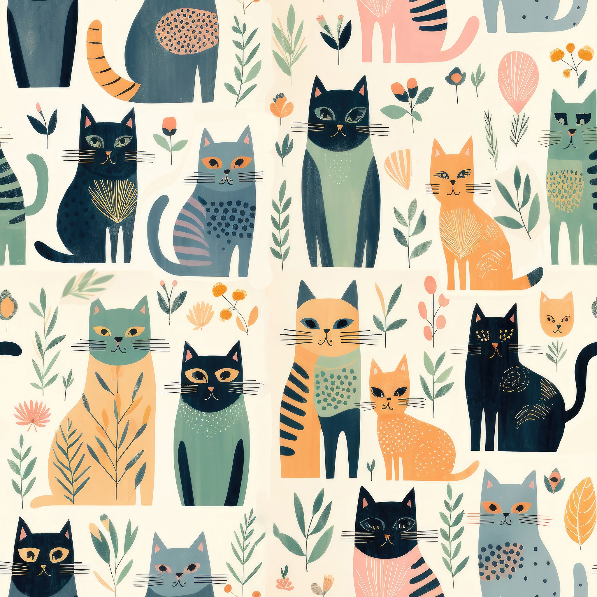 Pattern of colorful cats and plants on a beige background