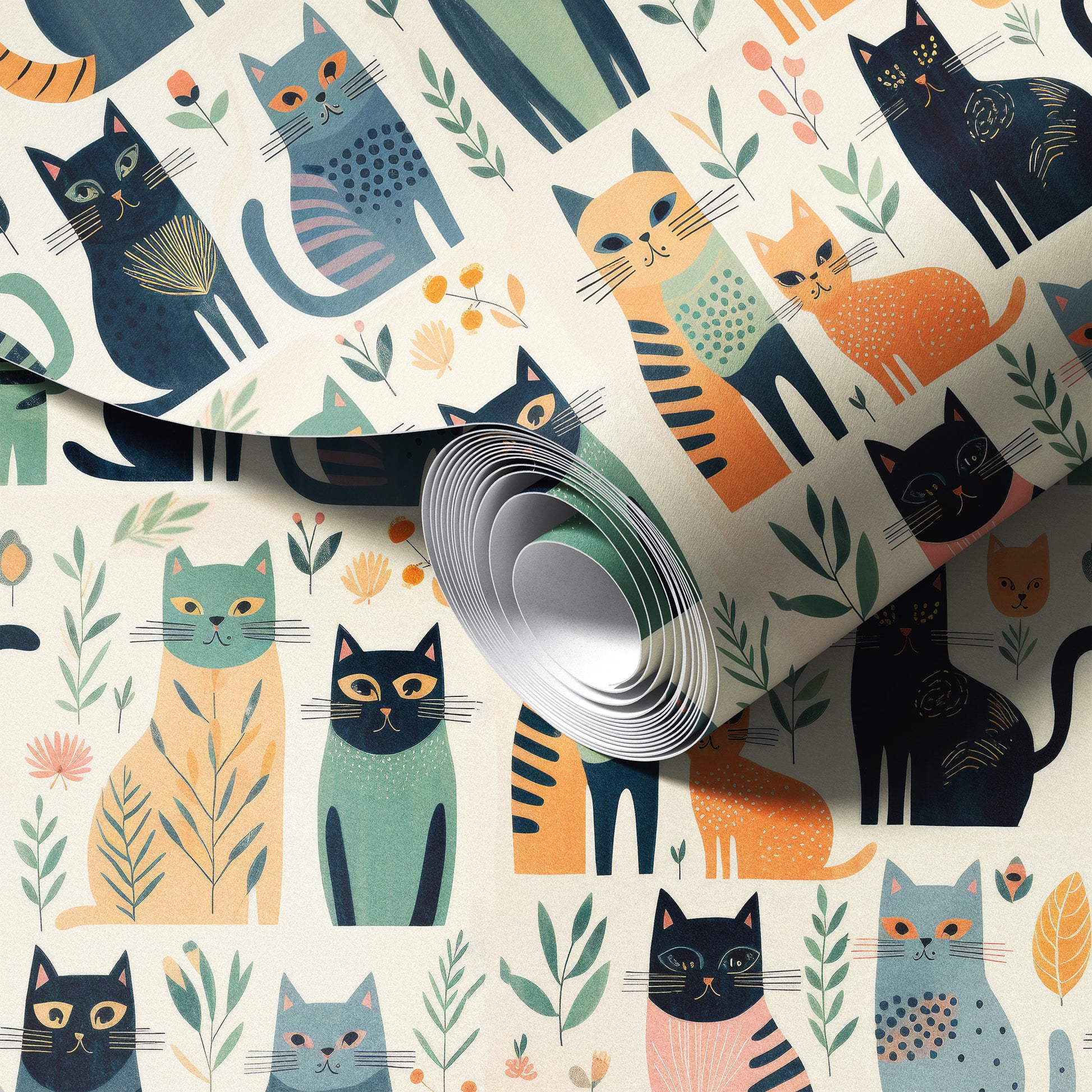 Roll of decorative paper with cat and floral pattern