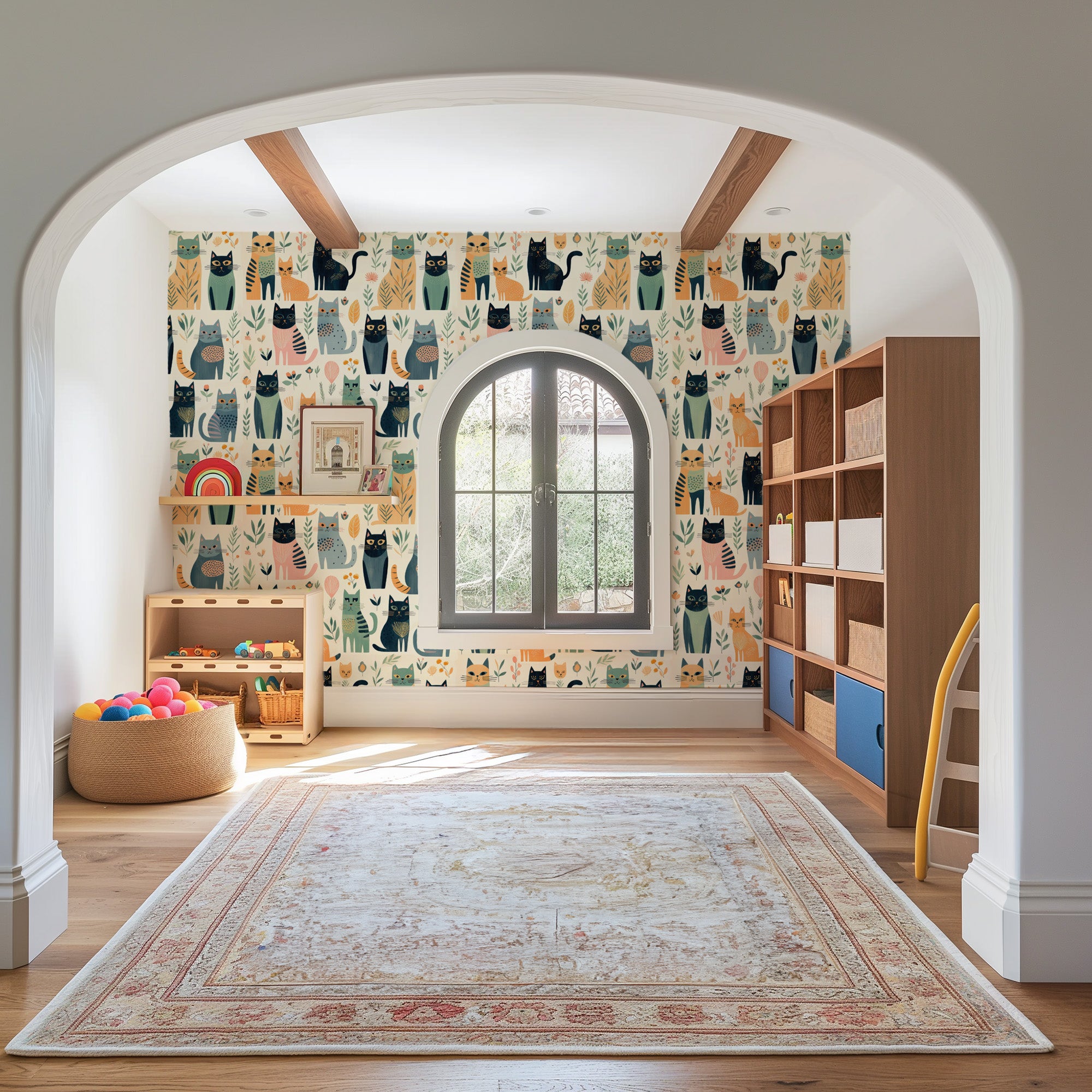 Children's room with colorful cat-themed wallpaper, rug, and shelves.