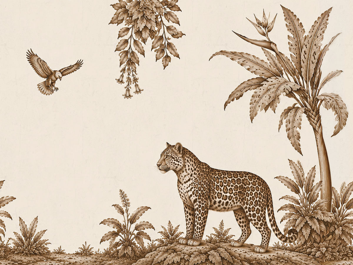 A sepia-toned toile-style illustration featuring a spotted big cat standing among tropical plants, with a palm tree, hanging leaves, a bird in flight, and a plain cream background.