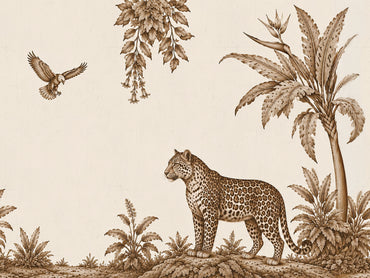 A sepia-toned toile-style illustration featuring a spotted big cat standing among tropical plants, with a palm tree, hanging leaves, a bird in flight, and a plain cream background.