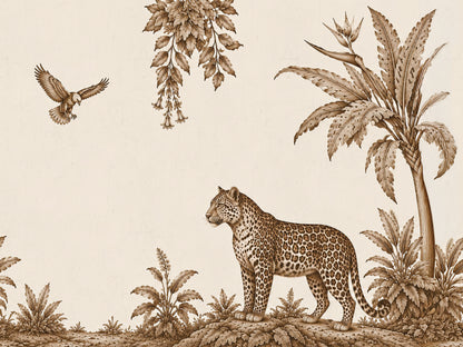 A sepia-toned toile-style illustration featuring a spotted big cat standing among tropical plants, with a palm tree, hanging leaves, a bird in flight, and a plain cream background.