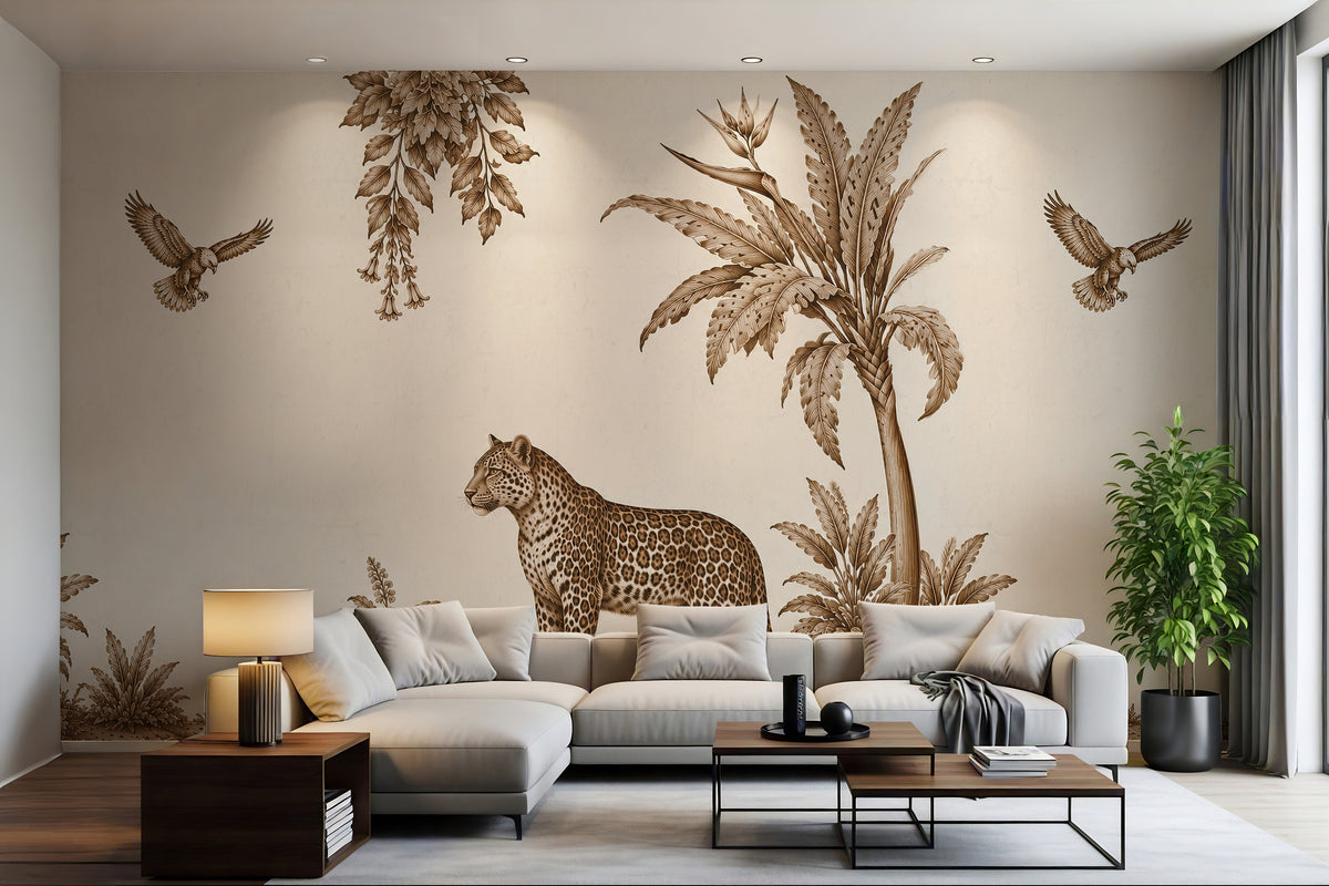 Wild Reverie sepia wallpaper mural with a leopard, tropical palms and a bird in flight