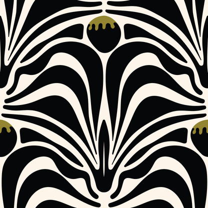 Decorative pattern with black and white abstract design on a black background
